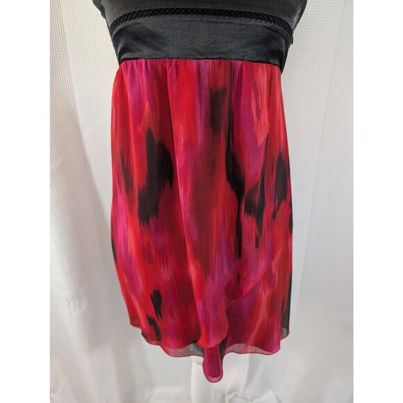 BEBE! 2B! BLACK SATIN BODICE, RED, PURPLE & BLACK ABSTRACT CHIFFON DRESS! SZ S - Picture 5 of 10